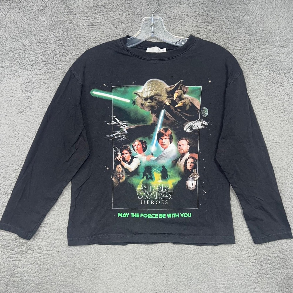 Zara x Star Wars T Shirt Youth Sz 11/12 Black May The Force Yoda Long Sleeve